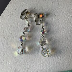 VTG Clip-on Faceted Glass Crystal Drop Earrings‎ Clear Aurora Borealis Wedding